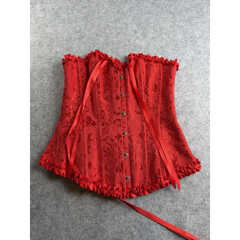 Womens Corset Top S Bright Red Satin Adjustable Lace Up Ribbon Ruffle Cosplay